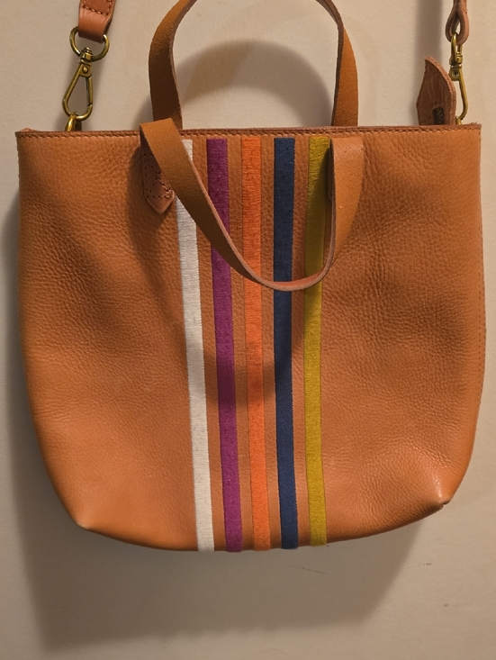 Handbags - Madewell Leather Tote Bag with Multicolor Stripe Accent - Tan